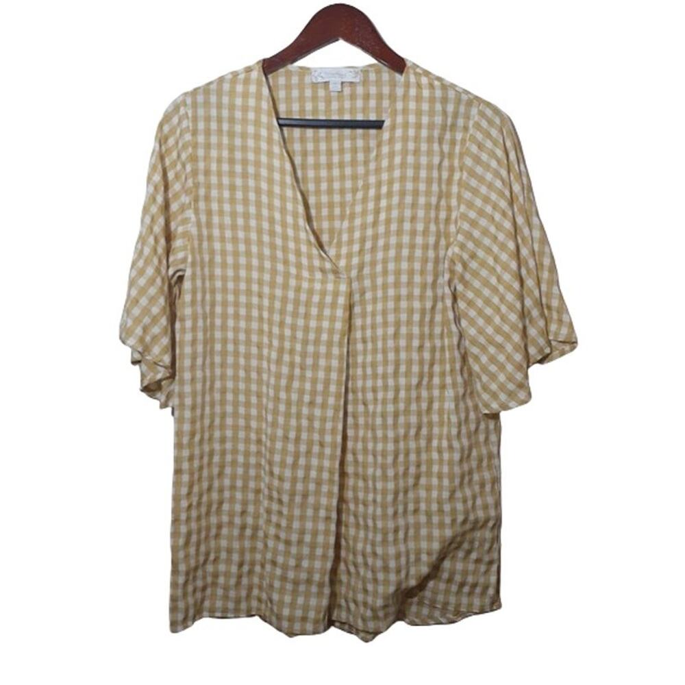 Weekend by Suzanne Betro womens tunic size XL yellow white plaid bell sleeve